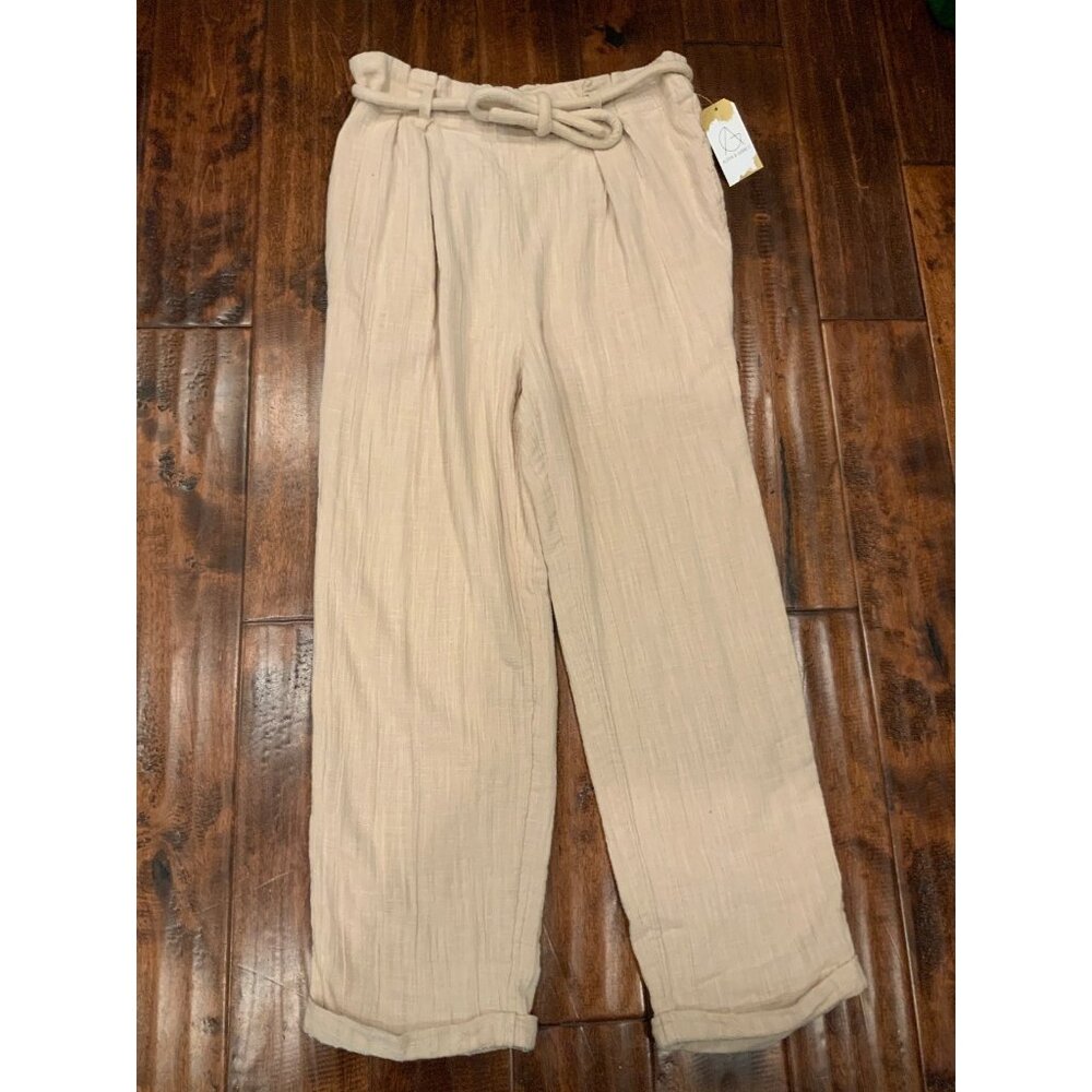 Free People Tan Relaxed Linen Belted Pants, Size S